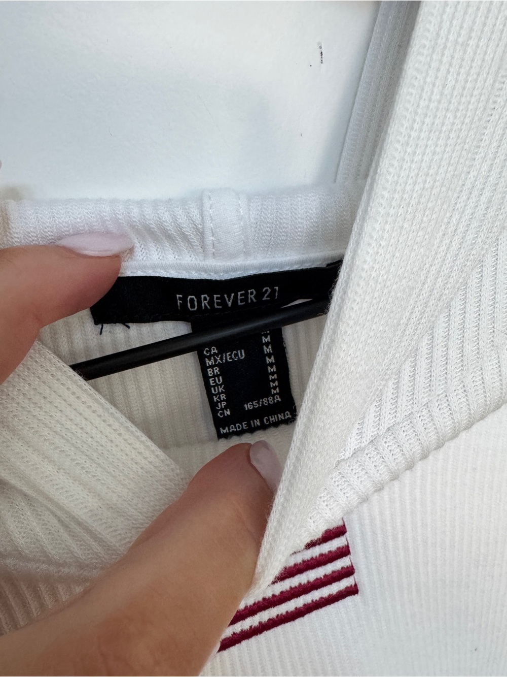 Forever 21 White Ribbed Hooded Crop Top with Flag Patch - Picture 2 of 2